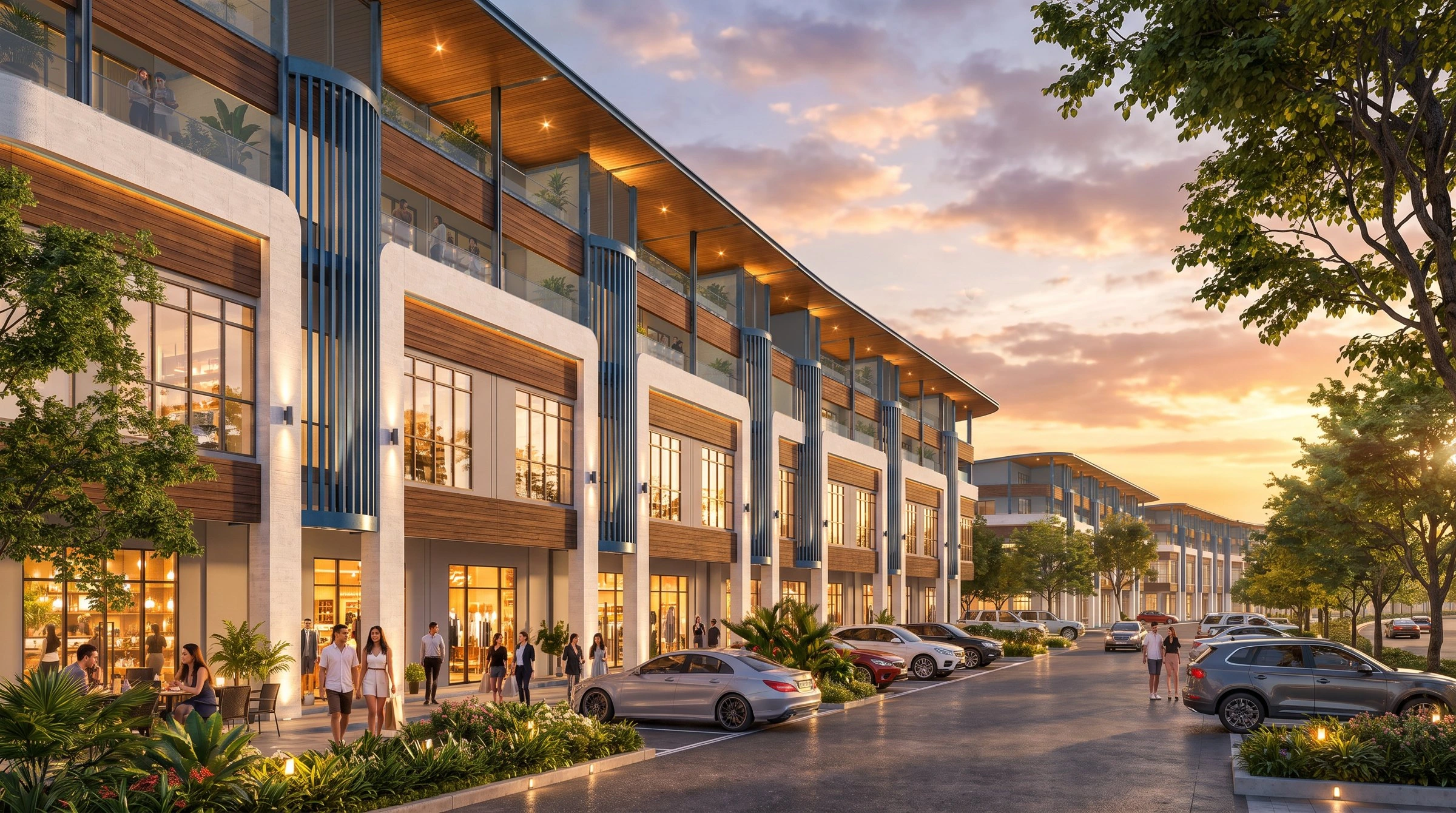 ONN9 contemporary 3-storey shop offices facing AEON Mall during golden hour